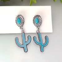 1 Pair Vintage Style Ethnic Style Bohemian Cactus Enamel Plating Inlay Metal Turquoise Silver Plated Drop Earrings main image 4