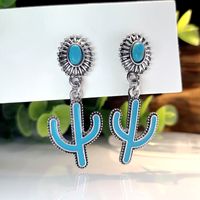 1 Pair Vintage Style Ethnic Style Bohemian Cactus Enamel Plating Inlay Metal Turquoise Silver Plated Drop Earrings main image 7