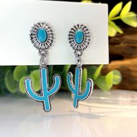 1 Pair Vintage Style Ethnic Style Bohemian Cactus Enamel Plating Inlay Metal Turquoise Silver Plated Drop Earrings main image 5