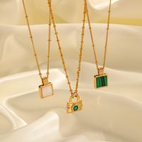 Retro Commute Square Lock Copper Plating Inlay Shell Zircon 18k Gold Plated Pendant Necklace main image 3