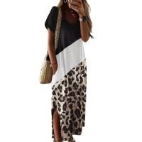 Women's Slit Dress Casual Vacation Round Neck Short Sleeve Color Block Leopard Maxi Long Dress Holiday sku image 3