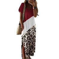 Women's Slit Dress Casual Vacation Round Neck Short Sleeve Color Block Leopard Maxi Long Dress Holiday sku image 11