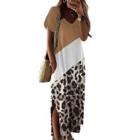 Women's Slit Dress Casual Vacation Round Neck Short Sleeve Color Block Leopard Maxi Long Dress Holiday sku image 19
