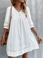 Femmes Robe Blanche Vacances Col En V Dentelle Demi Manche Couleur Unie Mini-robe Courte Vacances main image 4