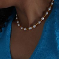 Elegant Einfacher Stil Runden Süßwasserperle Titan Stahl 18 Karat Vergoldet Halskette In Masse sku image 1