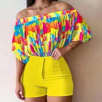 Women's Fashion Colorful Flower Rayon Spandex Polyester Printing Pocket Washed Shorts Sets sku image 11