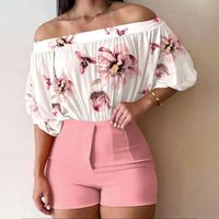 Women's Fashion Colorful Flower Rayon Spandex Polyester Printing Pocket Washed Shorts Sets sku image 1