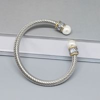Retro C Shape Stainless Steel Inlay Natural Stone Pearl Twisted Cable Bracele main image 2