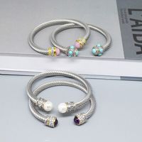 Retro C Shape Stainless Steel Inlay Natural Stone Pearl Twisted Cable Bracele main image 3