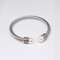 Retro C Shape Stainless Steel Inlay Natural Stone Pearl Twisted Cable Bracele sku image 4
