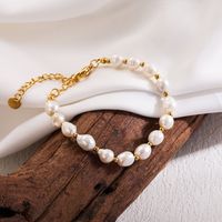 Vacation Sweet Solid Color Stainless Steel Beaded Freshwater Pearl 18k Gold Plated Bracelets sku image 4