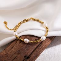 Vacation Sweet Solid Color Stainless Steel Beaded Freshwater Pearl 18k Gold Plated Bracelets sku image 1