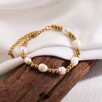 Vacation Sweet Solid Color Stainless Steel Beaded Freshwater Pearl 18k Gold Plated Bracelets sku image 3
