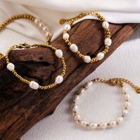 Vacation Sweet Solid Color Stainless Steel Beaded Freshwater Pearl 18k Gold Plated Bracelets main image 1