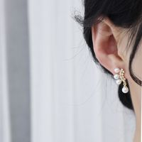 1 Pair Retro French Style Commute Round Plating Inlay Copper Artificial Pearls Zircon 14k Gold Plated Ear Studs main image 3