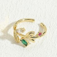 Elegant Leaves Copper Plating Inlay Zircon 14k Gold Plated Open Rings sku image 1