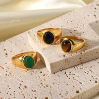 Retro Oval Stainless Steel Plating Inlay Agate 18k Gold Plated Rings main image 1