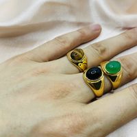 Retro Oval Stainless Steel Plating Inlay Agate 18k Gold Plated Rings main image 4