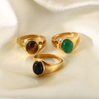 Retro Oval Stainless Steel Plating Inlay Agate 18k Gold Plated Rings main image 2