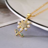 Simple Style Commute Sunflower Copper Plating Inlay Artificial Pearls Diamond 18k Gold Plated Pendant Necklace sku image 1
