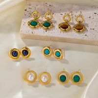 1 Pair Retro Commute Round Plating Inlay Copper Natural Stone Agate 18k Gold Plated Earrings main image 1