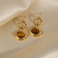 1 Pair Retro Commute Round Plating Inlay Copper Natural Stone Agate 18k Gold Plated Earrings main image 2