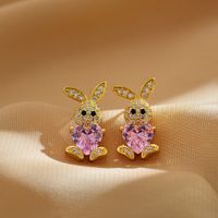 1 Pair Cute Rabbit Bear Inlay Copper Zircon Ear Studs main image 6