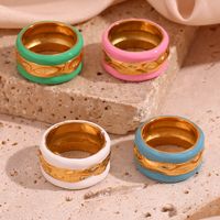 Vintage Style Classic Style Stripe Stainless Steel Enamel Plating 18k Gold Plated Wide Band Rings main image 4
