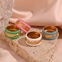 Vintage Style Classic Style Stripe Stainless Steel Enamel Plating 18k Gold Plated Wide Band Rings main image 1