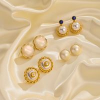 1 Pair Retro Commute Round Spiral Stripe Plating Inlay Copper Artificial Pearls Zircon 14k Gold Plated 18k Gold Plated Ear Studs main image 2