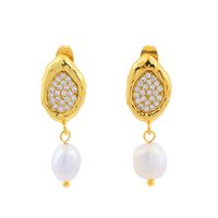1 Pair Vintage Style Irregular Plating Inlay Freshwater Pearl Copper Zircon 18k Gold Plated Drop Earrings main image 2