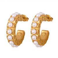 1 Pair Elegant Baroque Style C Shape Plating Inlay Titanium Steel Artificial Pearls 18k Gold Plated Ear Studs main image 8