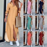 Femmes Jupe Trapèze Mode Refuser Bouton Manche Longue Couleur Unie Maxi Longue Robe Du Quotidien main image 1