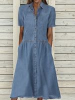 Femmes Robe En Jean Style Simple Refuser Manche Courte Couleur Unie Robe Mi-longue Du Quotidien Rue main image 2