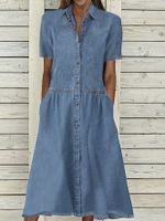 Women's Denim Dress Simple Style Turndown Short Sleeve Solid Color Midi Dress Daily Street main image 2