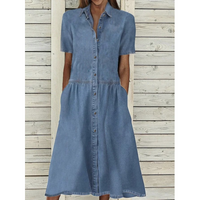 Women's Denim Dress Simple Style Turndown Short Sleeve Solid Color Midi Dress Daily Street main image 1