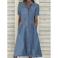 Women's Denim Dress Simple Style Turndown Short Sleeve Solid Color Midi Dress Daily Street main image 7