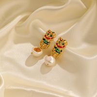 1 Pair Commute Round Plating Inlay Imitation Pearl Copper Turquoise Agate 18k Gold Plated Drop Earrings Ear Studs main image 4