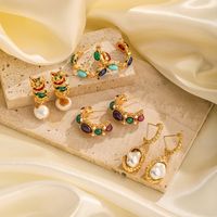 1 Pair Commute Round Plating Inlay Imitation Pearl Copper Turquoise Agate 18k Gold Plated Drop Earrings Ear Studs main image 1