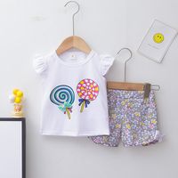 Casual Candy Flower Printing Cotton Girls Clothing Sets sku image 1