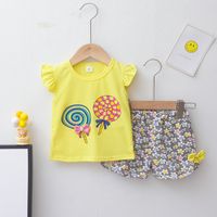 Casual Candy Flower Printing Cotton Girls Clothing Sets sku image 5