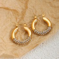 1 Paar Einfacher Stil Glänzend Kreis Überzug Inlay Titan Stahl Strasssteine 18 Karat Vergoldet Ohrringe main image 1