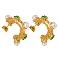 1 Pair Retro Baroque Style C Shape Plating Inlay Titanium Steel Artificial Pearls Glass Stone 18k Gold Plated Ear Studs main image 2