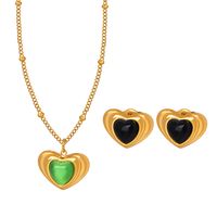 Retro Vacation Heart Shape Titanium Steel Plating Inlay Opal Glass Stone 18k Gold Plated Earrings Necklace main image 3