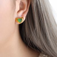 Retro Vacation Heart Shape Titanium Steel Plating Inlay Opal Glass Stone 18k Gold Plated Earrings Necklace sku image 4