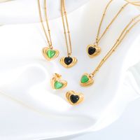 Retro Vacation Heart Shape Titanium Steel Plating Inlay Opal Glass Stone 18k Gold Plated Earrings Necklace main image 2