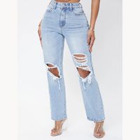 Women's Street Classic Style Solid Color Full Length Washed Ripped Jeans sku image 1
