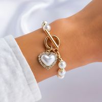 Wholesale Jewelry Retro Portrait Round Heart Shape Imitation Pearl Alloy Rhinestones Toggle Charm Inlay Bracelets sku image 1