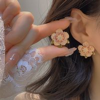 1 Pair Elegant Retro Flower Plating Inlay Copper Artificial Crystal Artificial Pearls 14k Gold Plated Ear Studs main image 5