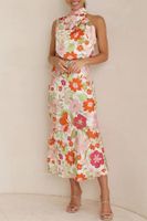 Women's Satin Dress Elegant Turtleneck Printing Sleeveless Flower Maxi Long Dress Banquet main image 5